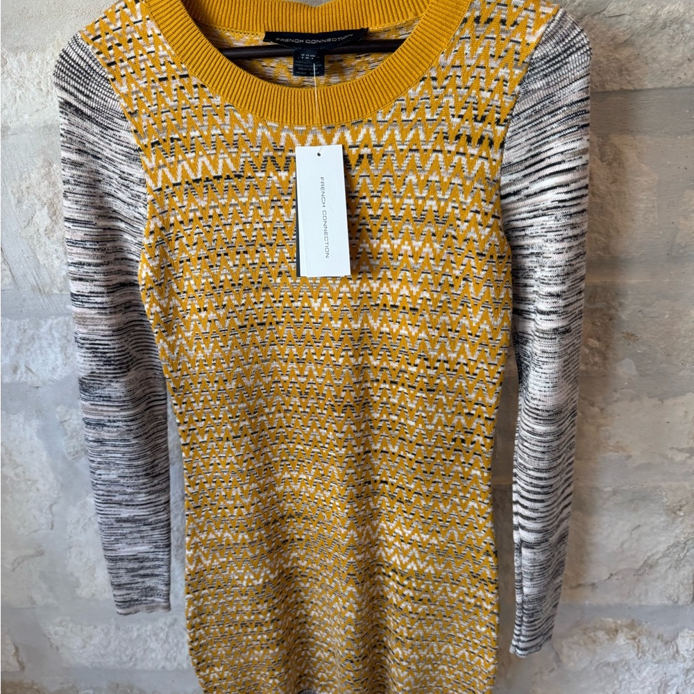 French Connection Mustard and Gray Long Sleeve Dress